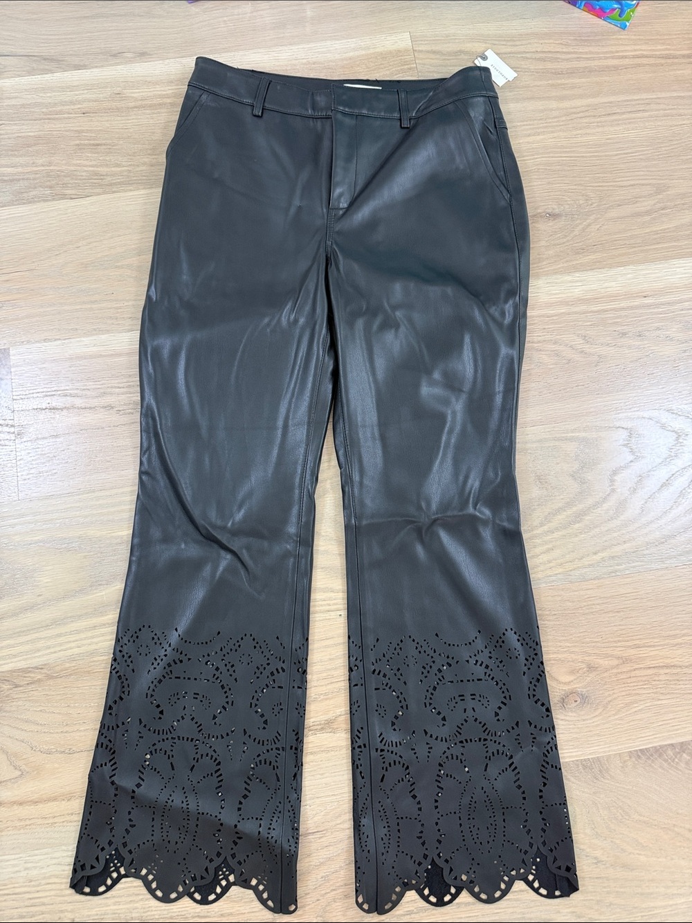 NWT Anthropologie Laser Cut Faux Leather Flare Pants Black 4